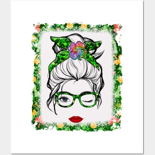 Leopard Messy Bun Shamrock St Patrick's Day Wink Eye Girl Posters and Art